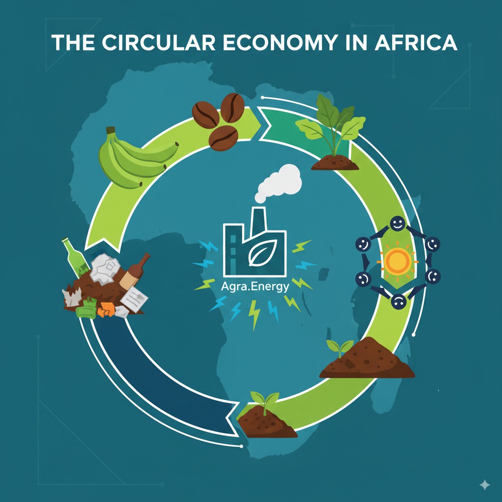 Image 1: The Circular Economy in Africa

Description: A stylized graphic showing a continuous loop. Inside the loop are icons representing Ugandan agriculture (matoke, coffee beans), waste, the Agra.Energy plant, and back to community benefits like clean energy and fertile soil. The backdrop is a silhouette of the African continent.

Style: Clean, modern, with a vibrant color palette.