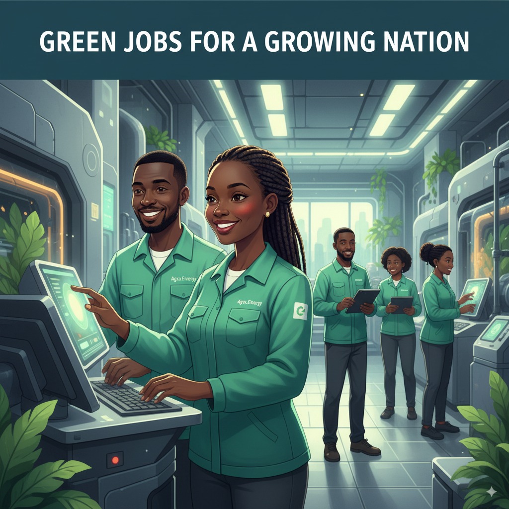 Image 10: Green Jobs for a Growing Nation

Description: An illustration of a diverse team of smiling Ugandan men and women in professional Agra.Energy uniforms, operating high-tech equipment inside the plant. The focus is on skill, empowerment, and teamwork.

Style: Modern, empowering, and people-centric.