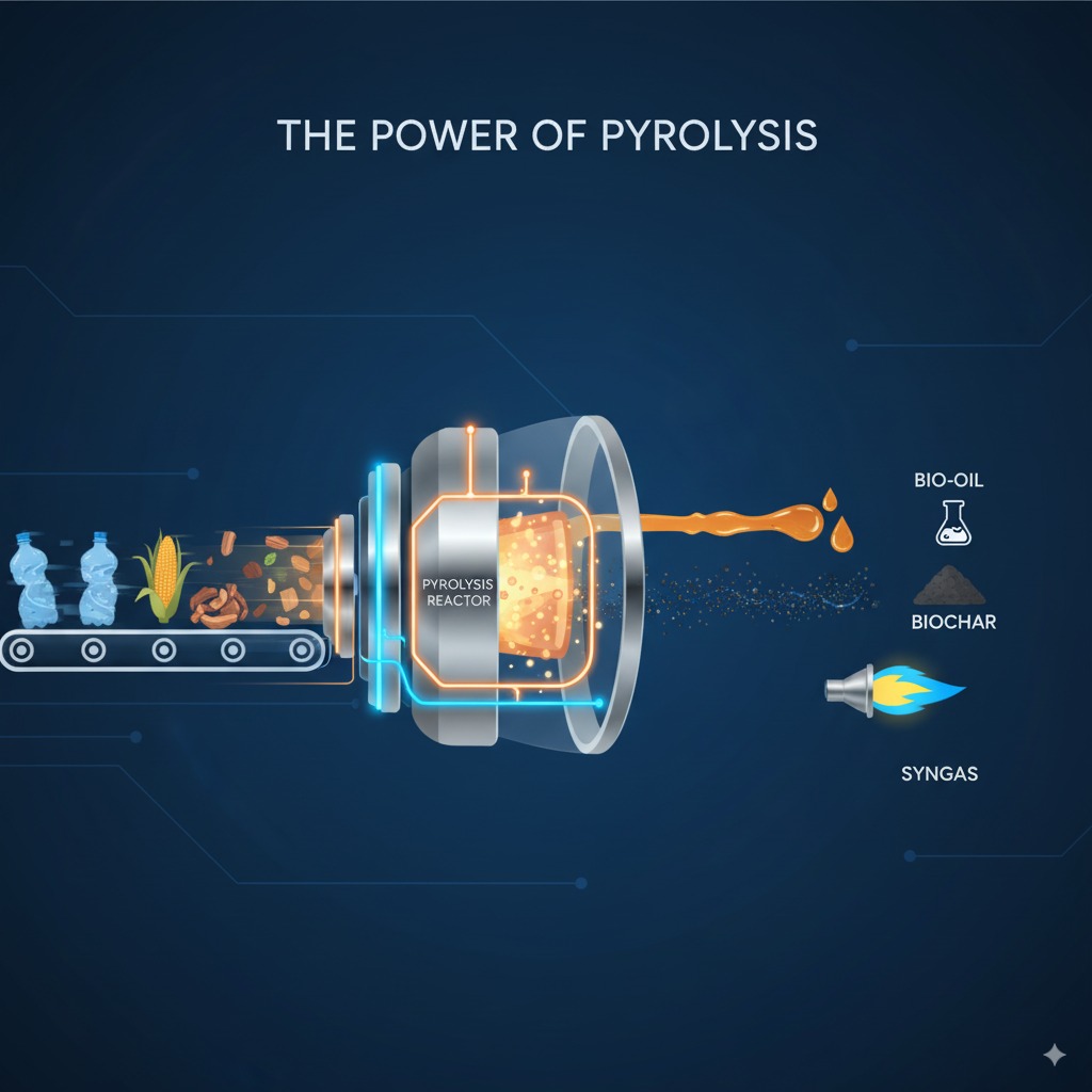 Image 2: The Power of Pyrolysis

Description: A sleek, animated diagram. On the left, various forms of waste (plastic bottles, corn husks) are fed into a central, futuristic-looking reactor. On the right, three distinct streams emerge: droplets representing bio-oil, glowing particles for biochar, and a clean flame for syngas.

Style: Tech-forward, engaging, infographic style.